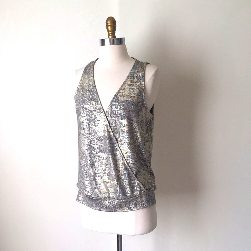 Silver Metallic Sleeveless Wrap Blouse